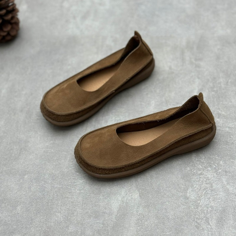 Women’s Minimalist Handmade Leather Slip-On Flats – Round Toe Casual Shoes