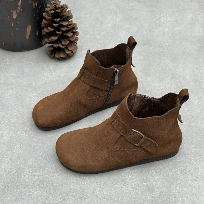 Women's Vintage Top-Grain Leather Ankle Boots Slip On Buckle Strap Flat Booties