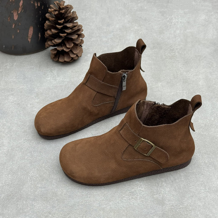 Women's Vintage Top-Grain Leather Ankle Boots Slip On Buckle Strap Flat Booties