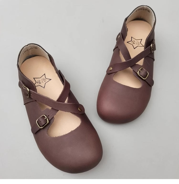 Women's Hidden Wedge Heel Shoes - Handmade Vintage Style with Cross Strap Buckle