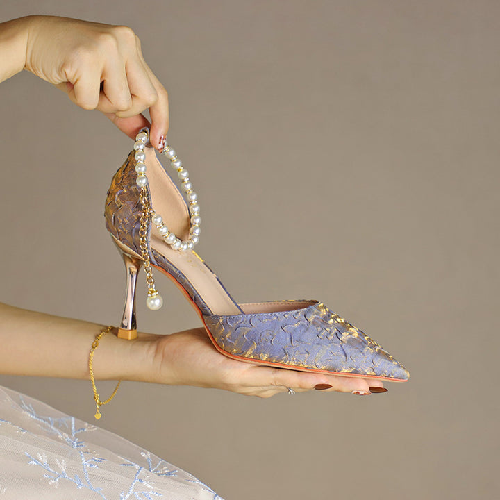 Women's Pearl Wedding Shoes for Bride High Heels Pointed Toe Satin Pumps