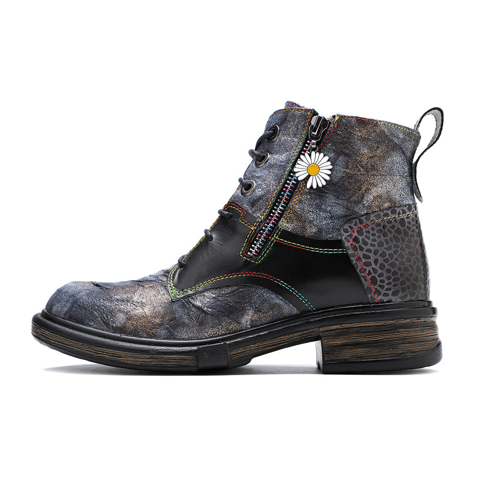 Floral Print Combat Boots for Women - Leather Lace-up Booties with Side Zipper