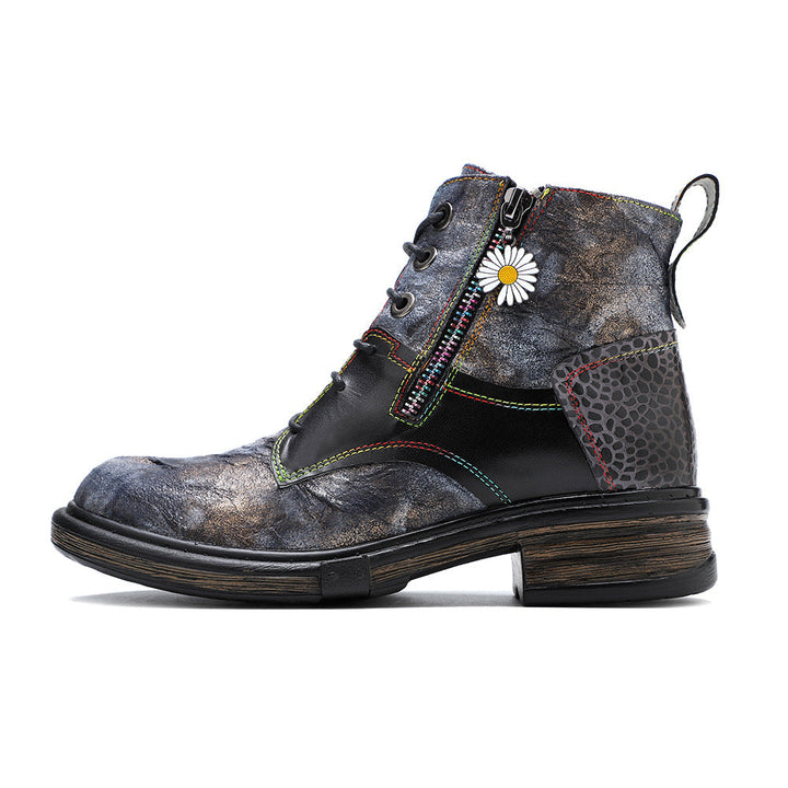 Floral Print Combat Boots for Women - Leather Lace-up Booties with Side Zipper