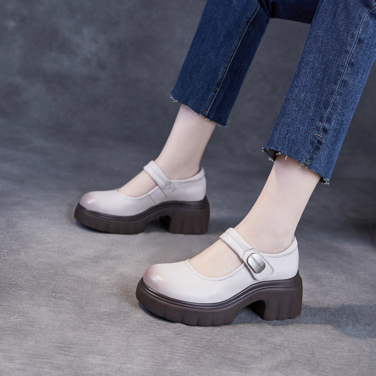 Luxury Leather Mary Janes for Women - Platform Heel with Velcro