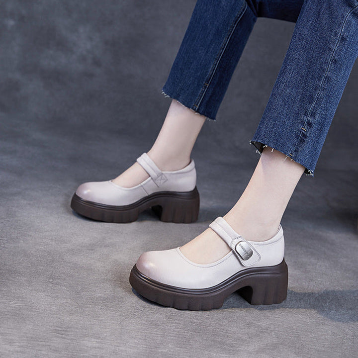 Luxury Leather Mary Janes for Women - Platform Heel with Velcro