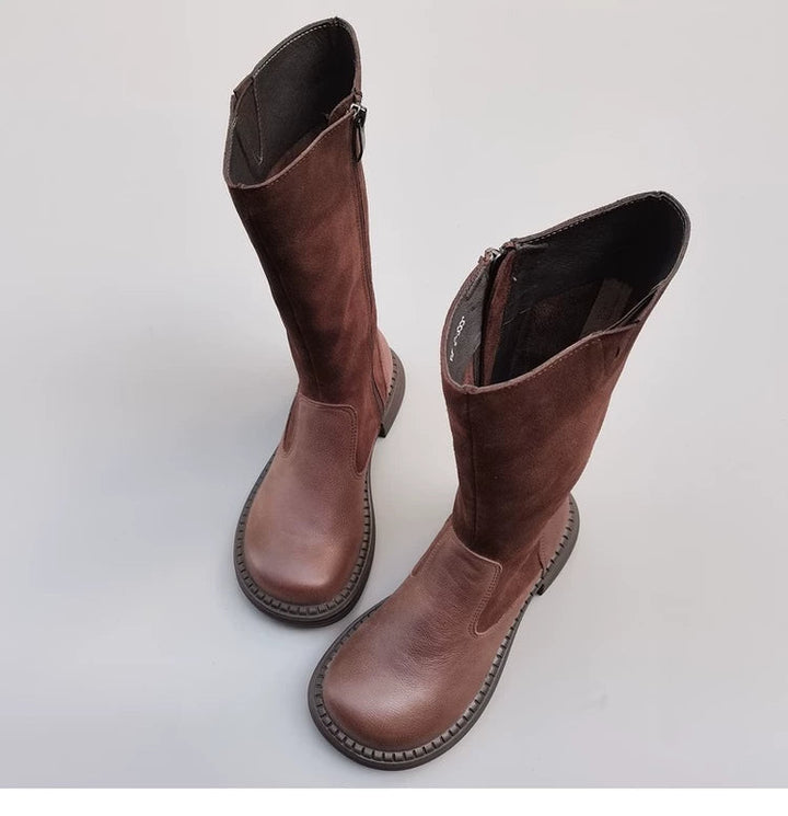 Women's Wide Toe Box Vintage Leather Suede Patchwork Knee-High Boots Wide Fit Flat Riding Boots