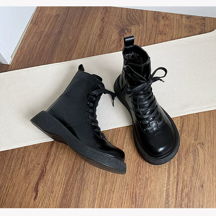 Women's Ankle Boots Lace Up Mid Calf Combat Booties Platform Low Heel