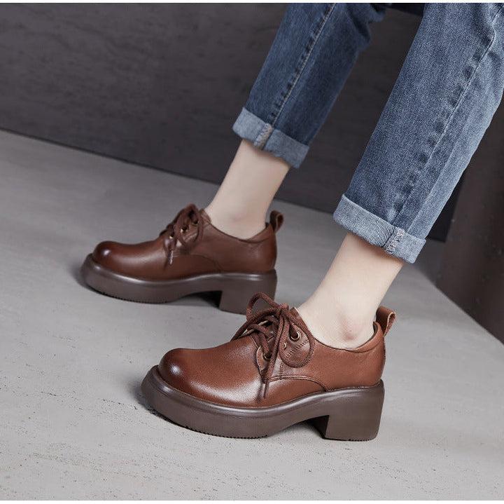Women's Retro Leather Oxford Shoes Vintage Round Toe Platform Lace-up Chunky Heels
