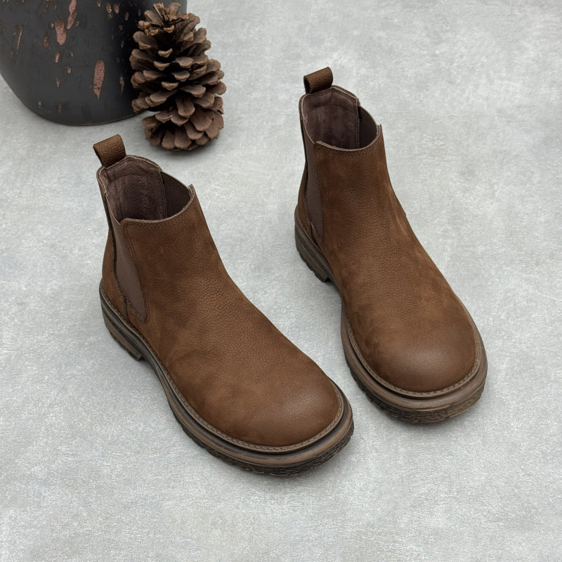 Women's Top-Grain Leather Chelsea Ankle Boots Slip On Low Platform Heel Booties