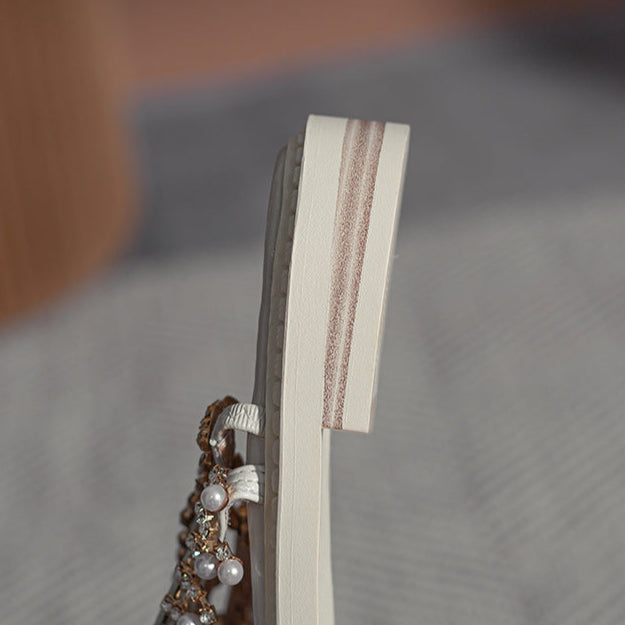 Women's Pearl Rhinestone Embellished Bohemian Flat Sandals