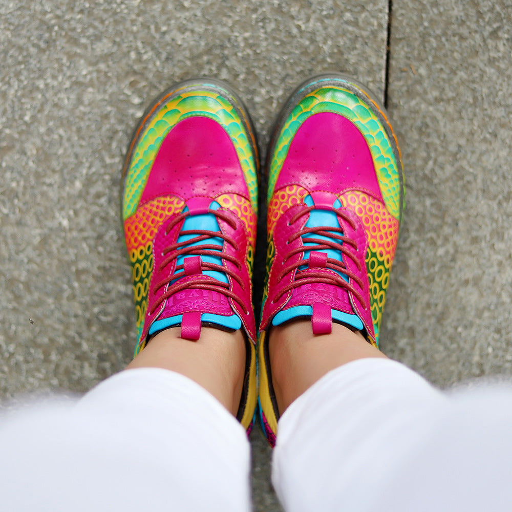 Dopamine Style Vibrant Leather Flats for Women - Artsy Geometric Print Lace-up Casual Shoes