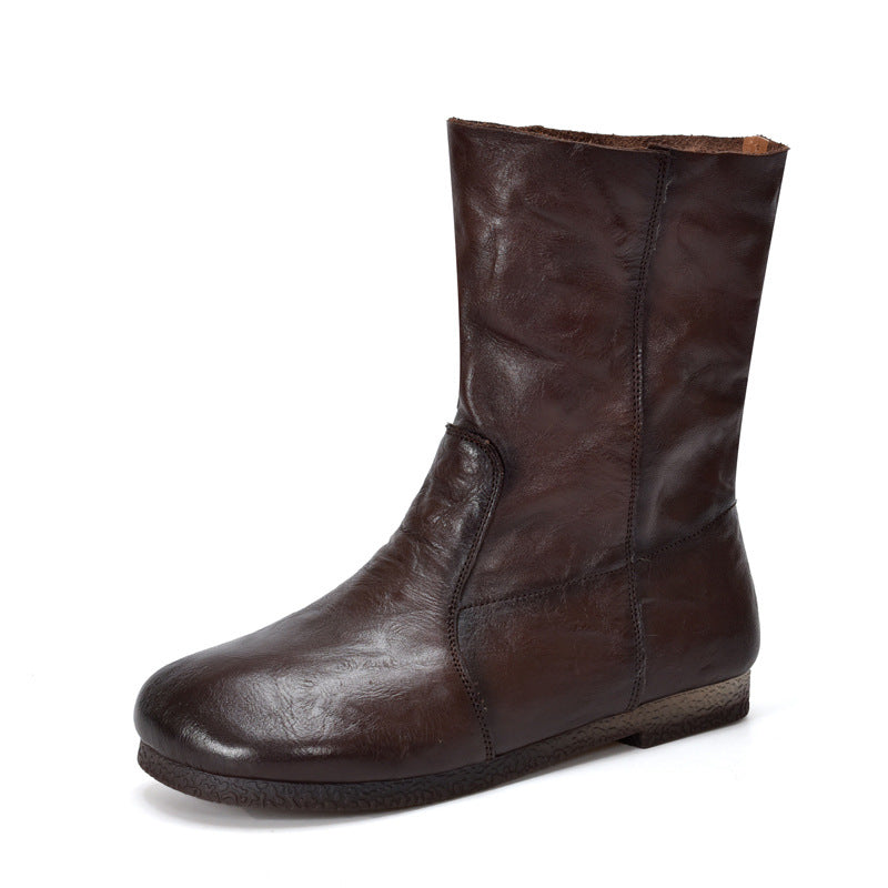 Women's Leather Round-Toe Calf Boots – Casual Comfortable Shoes