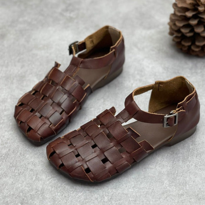 Womans Genuine Leather Woven Closed Toe Fisherman Sandals