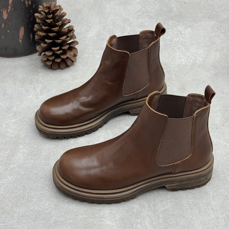 Women's Washed Leather Chelsea Ankle Boots Slip On Low Platform Heel Booties