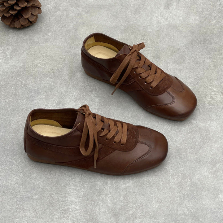 Women’s Vintage Distressed Leather Trainers – Retro Lace-Up Flats