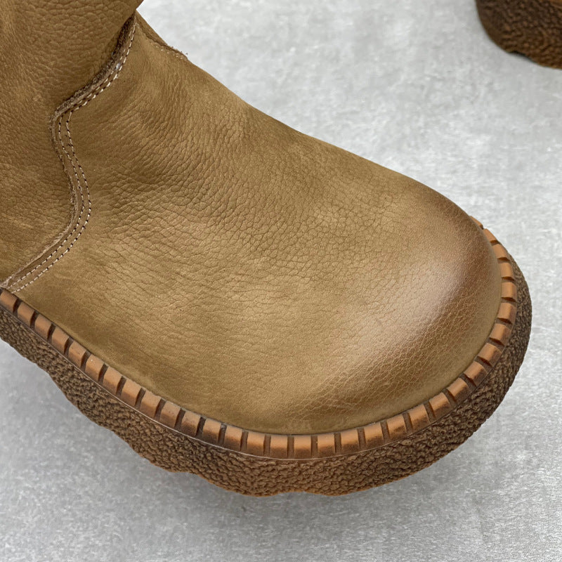 Women's Vintage Leather Mid-Calf Slip On Platform Booties Round Toe Chunky Sole Walking Shoes