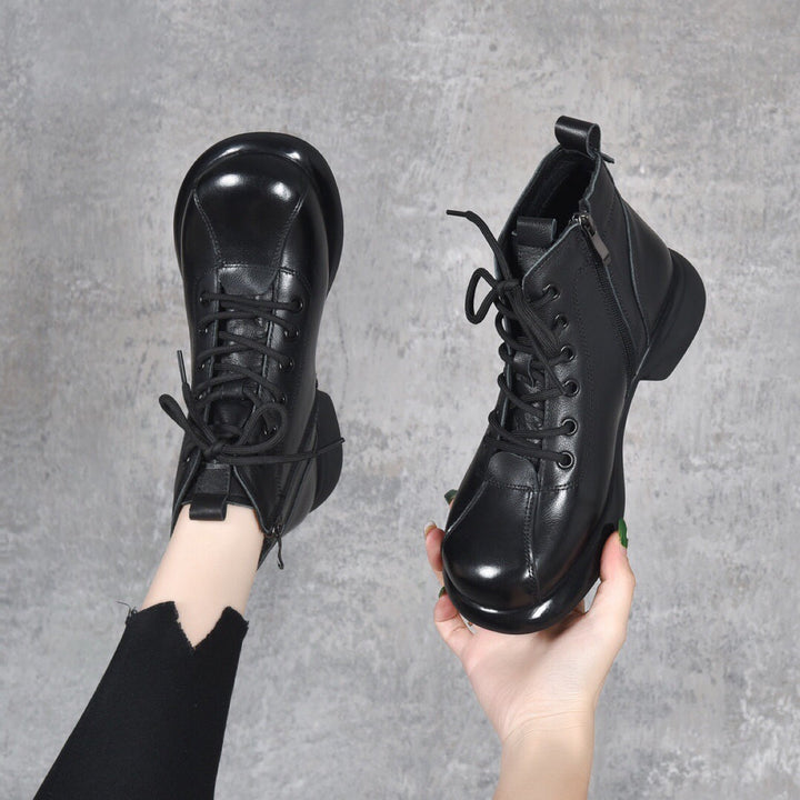 Women’s Vintage Leather Lace-Up Ankle Boots – Mid Heel Side Zip Design