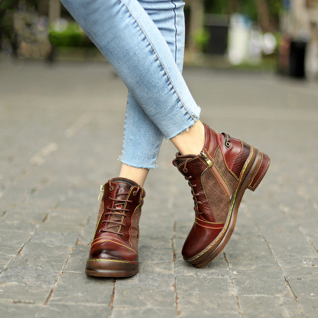 Women's Leather Ankle Boots - Contrast Stitching Flat Lace-up Zipper Boots