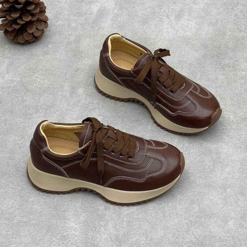 Women’s Retro Leather Chunky Dad Trainers – Round Toe Lace-Up Casual Sneakers