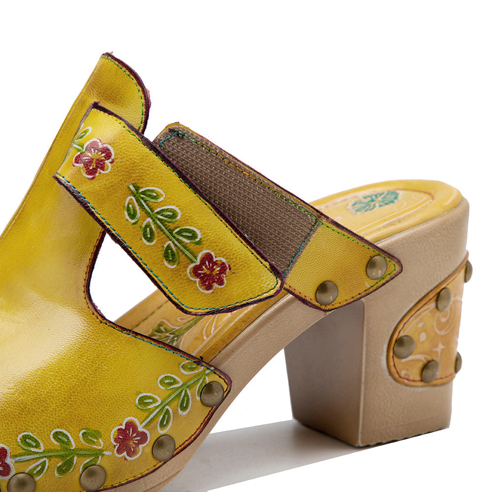 Boho Artisan Leather Mules for Women - Floral Printed Summer Sandals with Unique Studded Heel