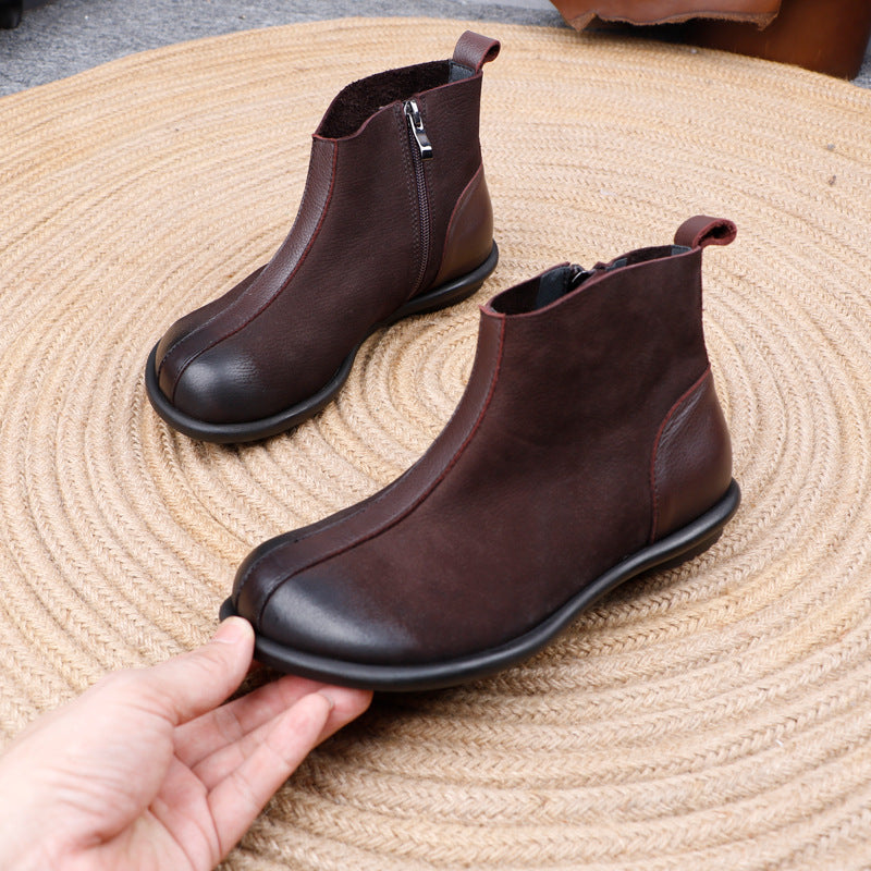 Women's Genuine Leather Ankle Boots Side Zipper Flat Short Booties Casual Walking Shoes