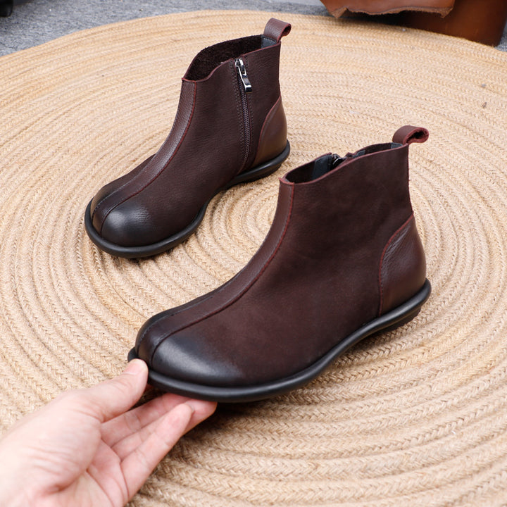 Women's Genuine Leather Ankle Boots Side Zipper Flat Short Booties Casual Walking Shoes