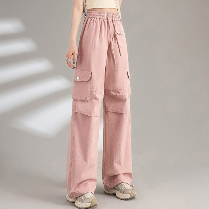 Womens Cotton Drawstring Waist Wide Leg Cargo Pants