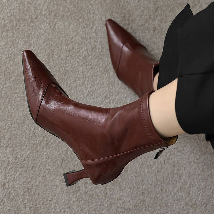 Women's Pointed-Toe Slim Ankle Boots - Kitten Heel & Back Zipper