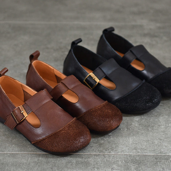 Vintage Literary Handmade Leather Round Toe T Buckle Mary Jane Women's Shoes