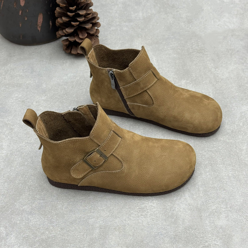 Women's Vintage Top-Grain Leather Ankle Boots Slip On Buckle Strap Flat Booties