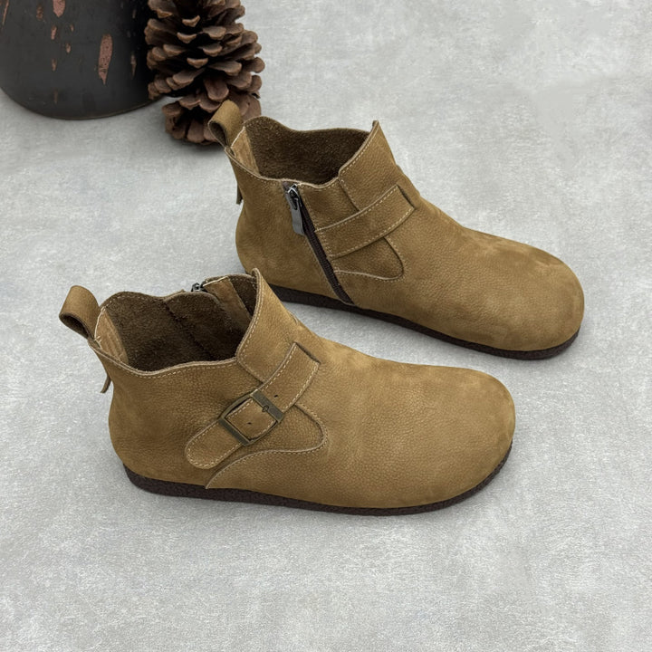 Women's Vintage Top-Grain Leather Ankle Boots Slip On Buckle Strap Flat Booties