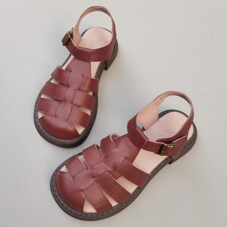 Women's Genuine Leather Wide-Toe Woven Sandals – Casual Style for Summer