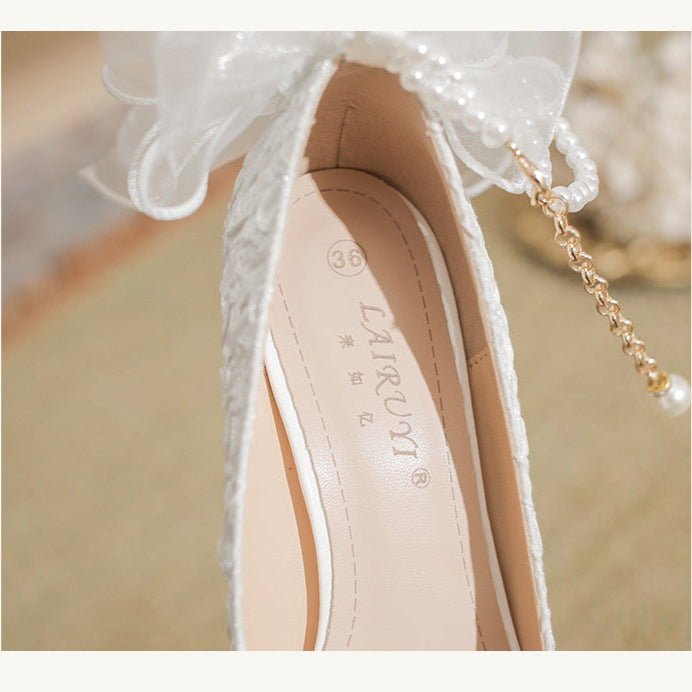 Lace Bow White High Heels Pearl Chain Wedding Party Women's Shoes