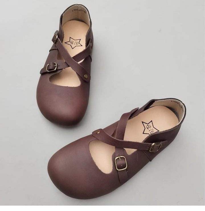 Women's Hidden Wedge Heel Shoes - Handmade Vintage Style with Cross Strap Buckle