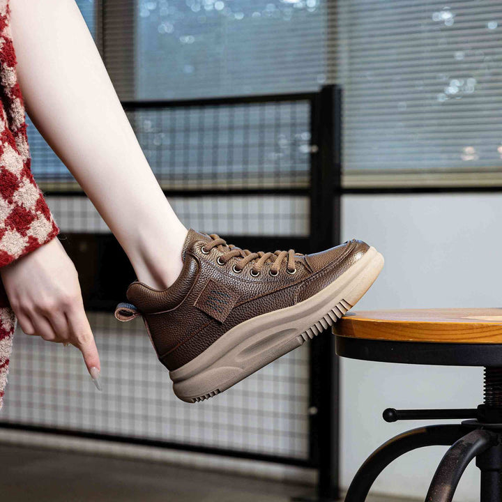Women's Leather Lace-up Casual Platform Walking Shoes High-top Sneakers