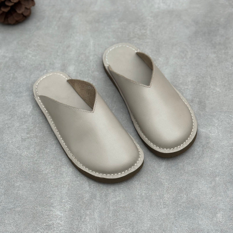 Minimalist V-Cut Cowhide Summer Mules Women's Leather Zen Flat Summer Slides