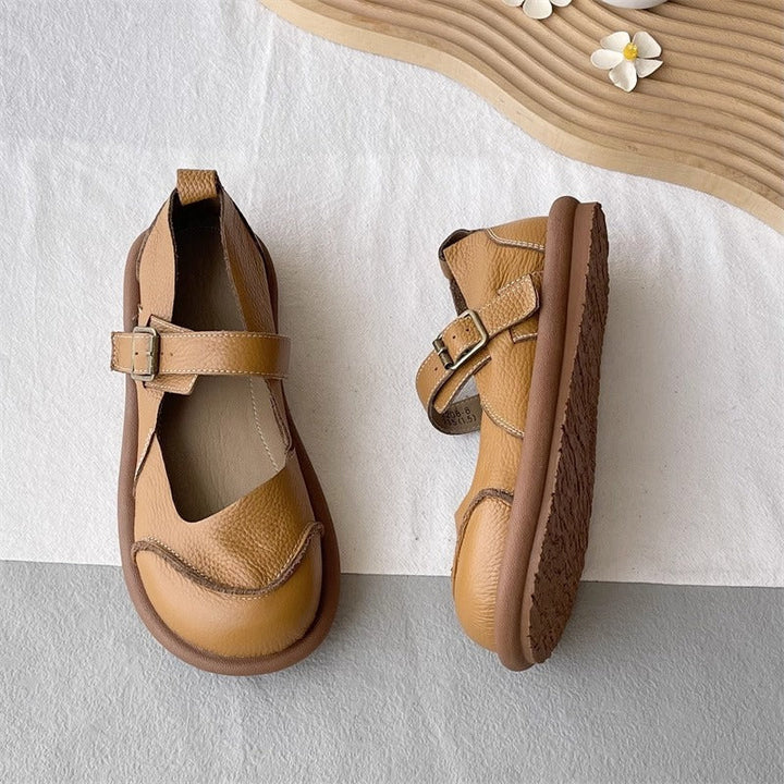 Women's Soft Leather Flat Mary Jane Shoes – Round Toe with Patchwork Design