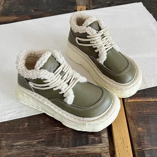 Women's Winter Chunky Leather Lace-Up Shoes – Fleece-Lined & Ugly-Cute Design