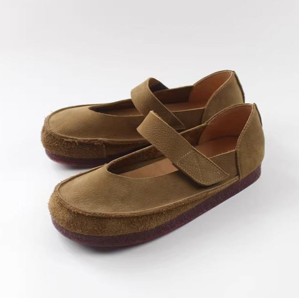 Women's Handmade Leather Patchwork V-Cut Velcro Flats