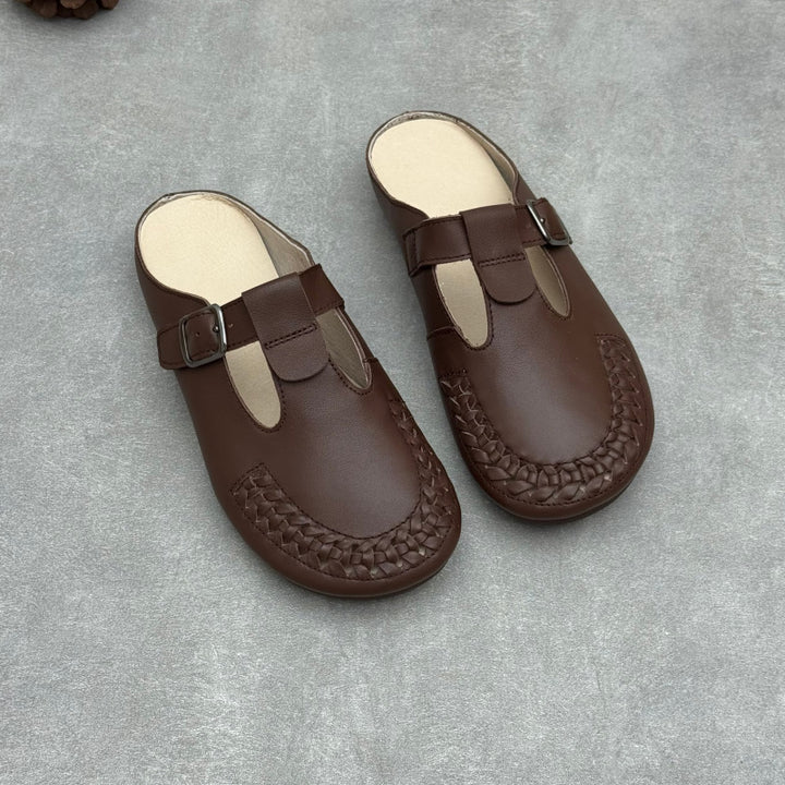 Women's T-Strap Leather Mules Retro Woven Perforated Clogs Barefoot-Friendly Casual Summer Flats