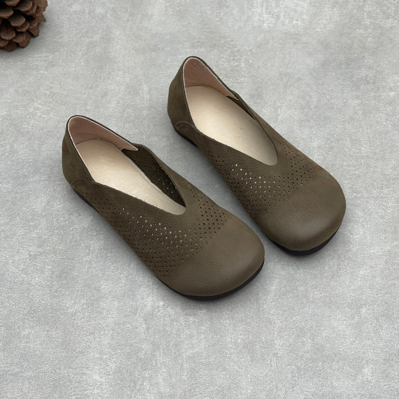 Women's Leather Perforated Loafers Retro V-Neck Slip-On Flats Ballet Flats Vintage Casual Summer Shoes
