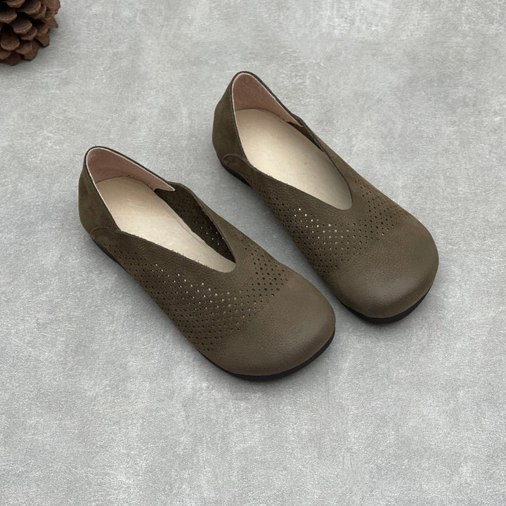 Women's Leather Perforated Loafers Retro V-Neck Slip-On Flats Ballet Flats Vintage Casual Summer Shoes