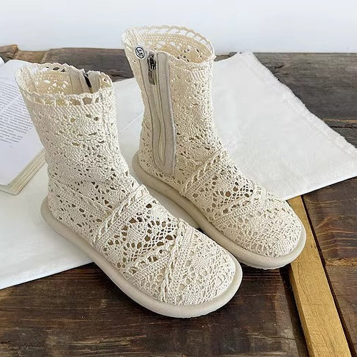 Women's Summer Literary Style Lace Side Zipper Wide Toe Box Short Boots