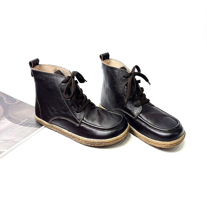 Women's Vintage Leather Ankle Booties Soft Sole Round Toe Lace-Up Walking Shoes