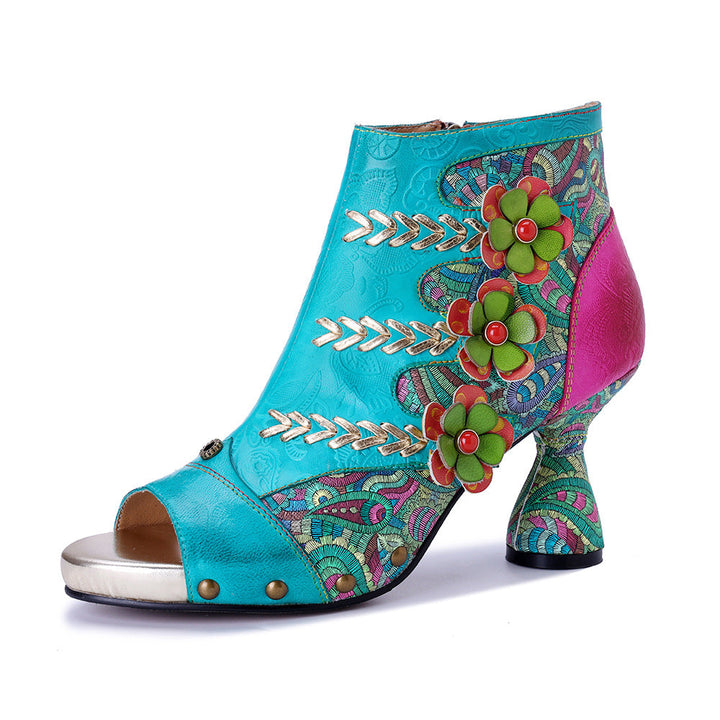 Bohemian Floral Sheepskin Booties for Women - Peep Toe Summer Sandals