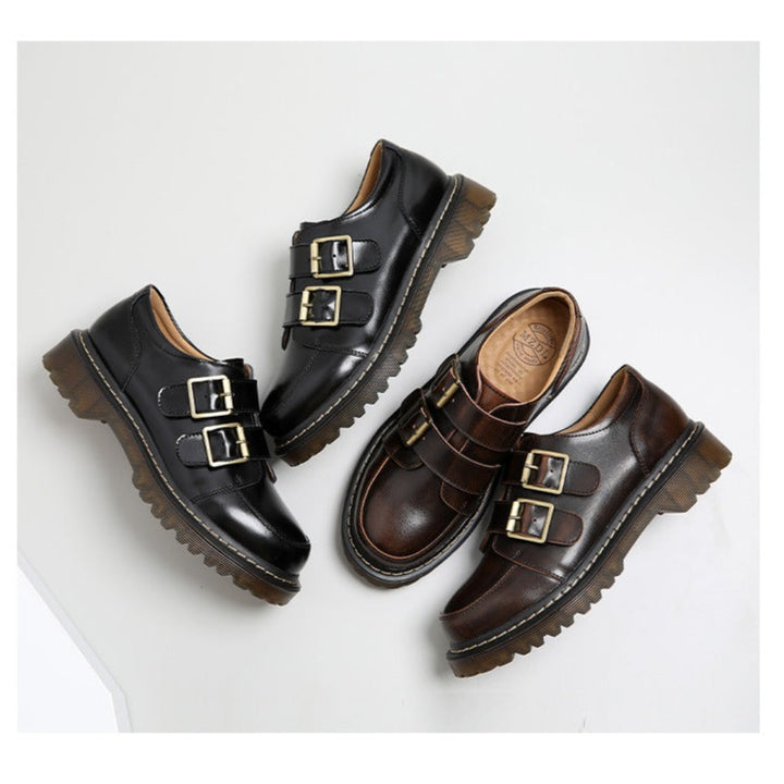 Women Retro Round Head Double Buckle Leather JK Loafers Shoes