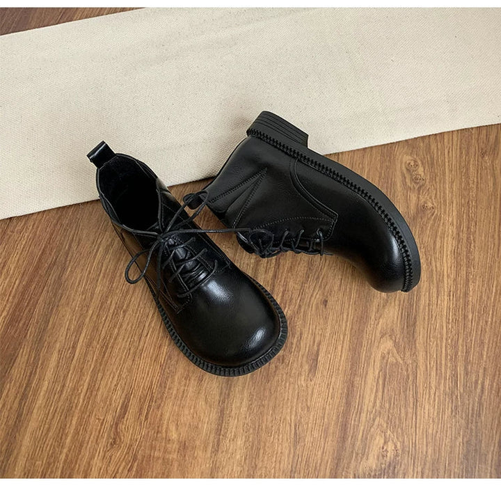 Women's Vegan Leather Ankle Boots Lace Up Casual Low Heel Booties Comfortable Walking Shoes