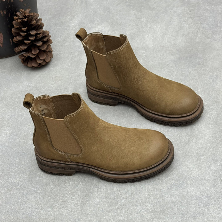 Women's Top-Grain Leather Chelsea Ankle Boots Slip On Low Platform Heel Booties