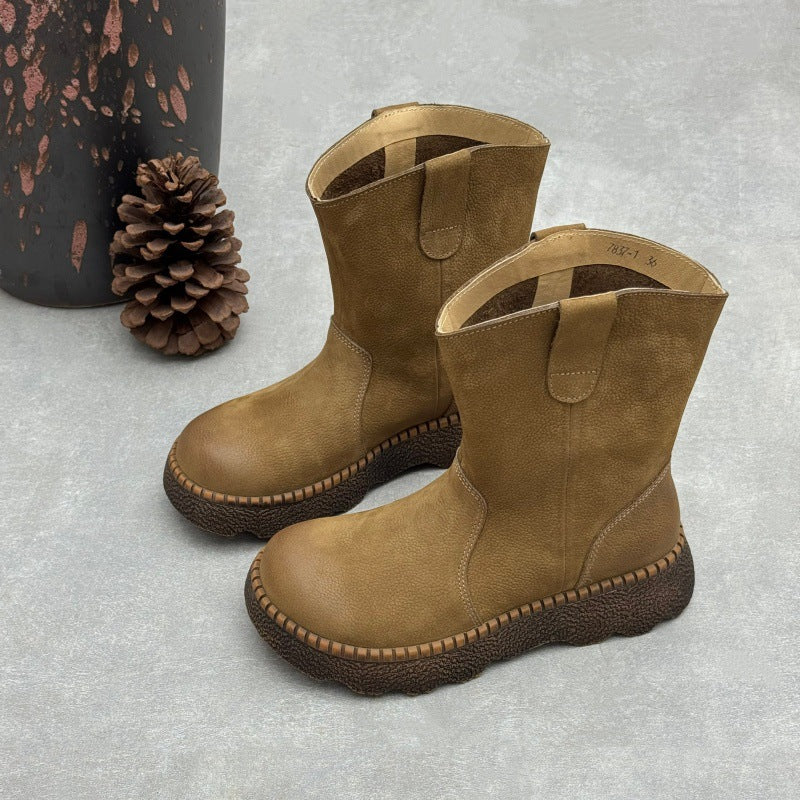 Women's Genuine Leather Mid-Calf Boots Vintage Round Toe Slip-on Winter Shoes