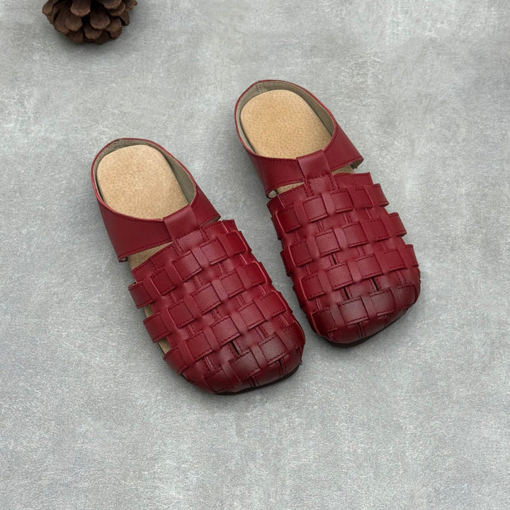 Women's Artisanal Square Toe Leather Woven Mules - Lightweight Unlined Flats